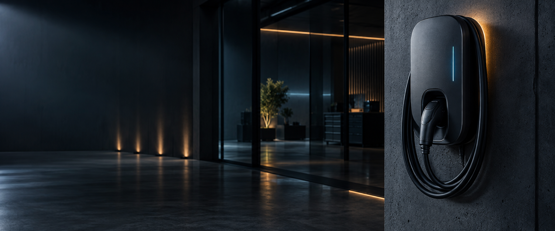 Minimal wall-mounted Level 2 charger with a neatly looped cable in a dark architectural space
